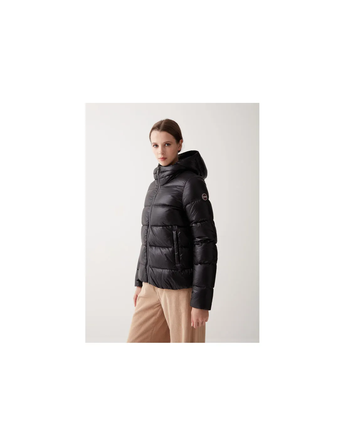 Iridescent down jacket with hood and maxi collar