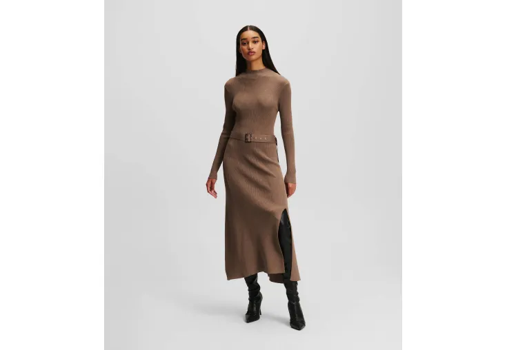 KARL LAGERFELD LONG-SLEEVED BELTED KNIT DRESS 246W1321