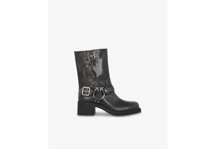 PINKO ALYS 02 CALF HIGH LEATHER BIKER BOOTS WITH BUCKLES SD0155P056