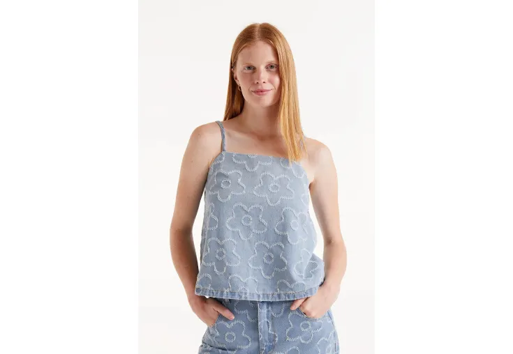 COMPANIA FANTASTICA DENIM TOP WITH WOVEN FLOWERS 51C/11027